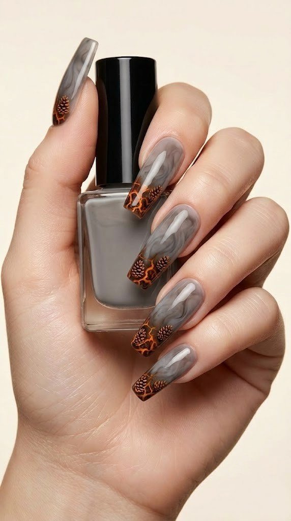 long square nails with grey woodsmoke ombre over glowing embers and cedarwood pinecone illustration