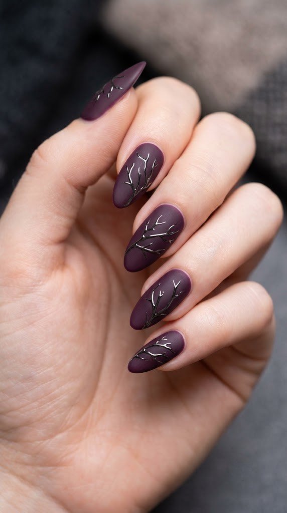 velvety matte plum oval nails with reflective gunmetal chrome dried twig wireframe illustrations