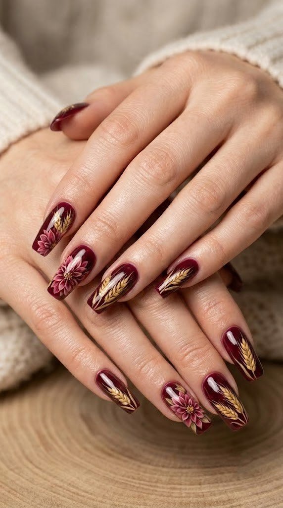 Crimson wine fall nail colors with dahlia and golden wheat illustration