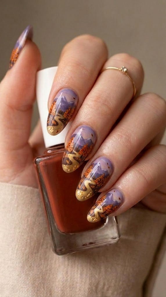 Long square nails with painted fall twilight mountain valley scene with orange chestnut trees and golden river