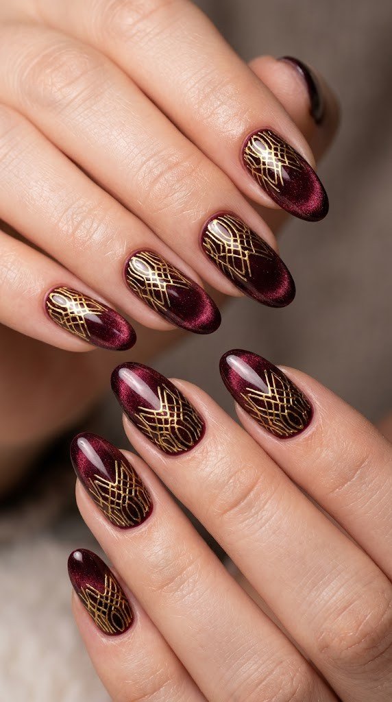 Long oval nails with burgundy velvet magnetic cat-eye base and burnished gold cyberpunk mesh illustration