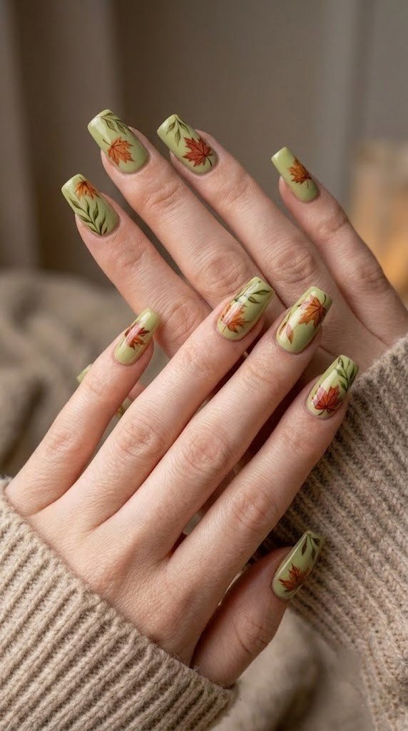 Matcha green fall nail ideas with amber and terracotta maple leaf art
