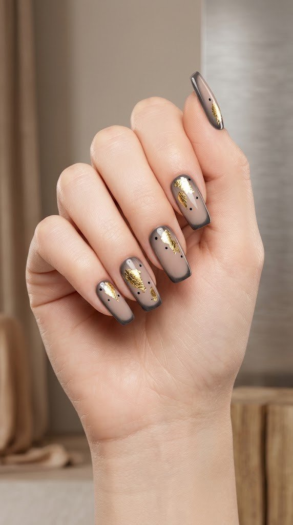 taupe to charcoal aura square nails with 18k gold leaf flakes and matte black dot art on long square shape