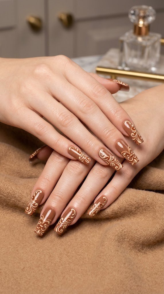 chestnut brown gel square nails with hand-painted cream and burnt sienna antique filigree patterns