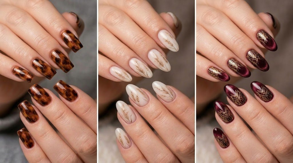 Three chic fall nail ideas featuring tortoiseshell, gold botanical, and burgundy cat-eye designs