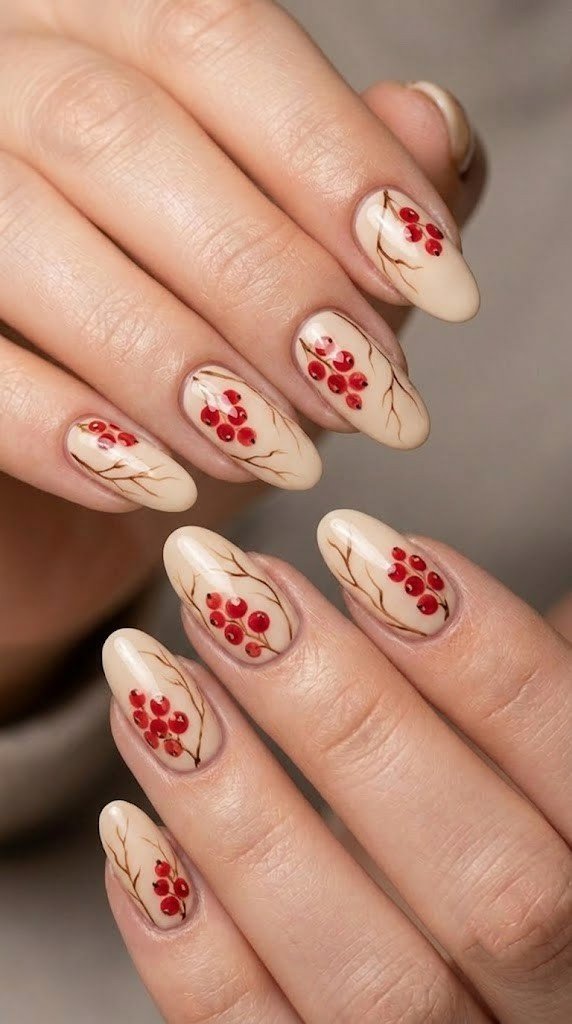 Cream base simple fall nail ideas with redcurrant berries and branches