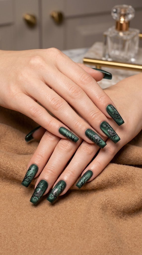 deep pine green magnetic silk velvet nails with charcoal black owl and bare autumn branch illustrations