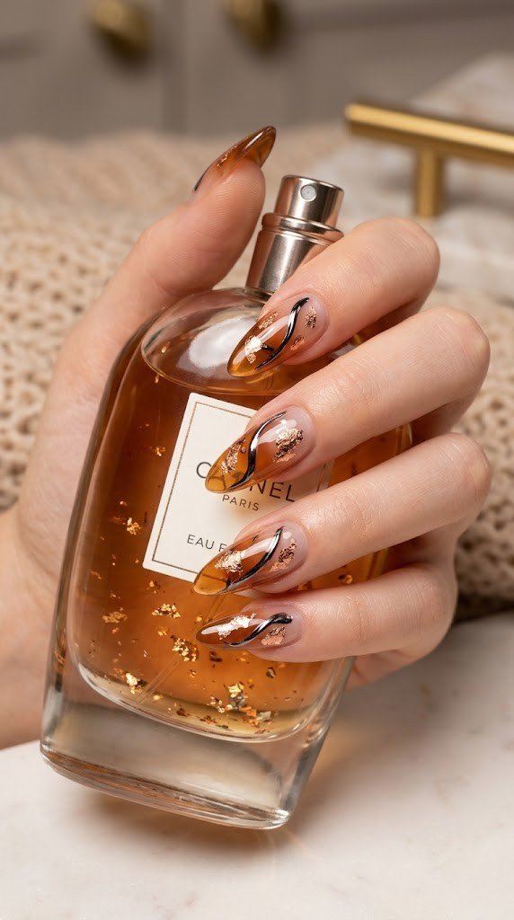 warm amber jelly gradient almond nails with metallic black chrome strokes and rose gold leaf flakes