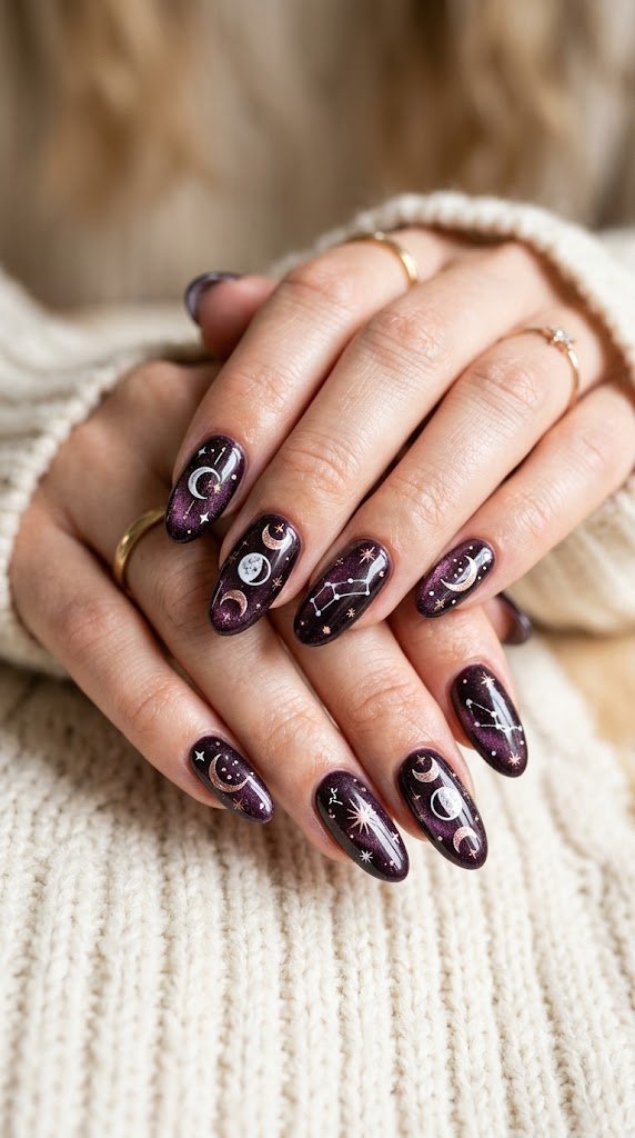 deep plum noir magnetic velvet oval nails with white and rose gold constellation starburst autumn art
