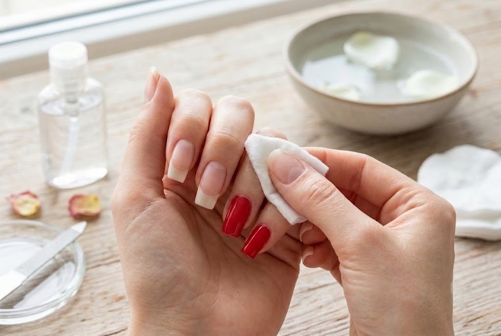 wiping nails with cotton pad as the first prep step before painting nails at home