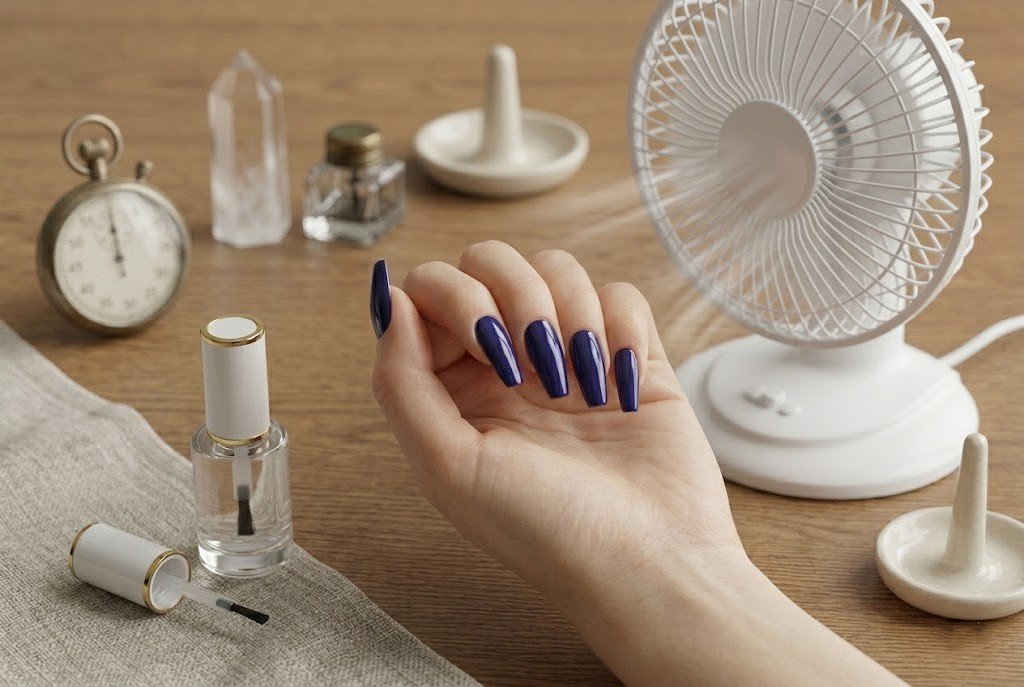 dry nail polish quickly using cool air from a small white desk fan — navy blue coffin nails
