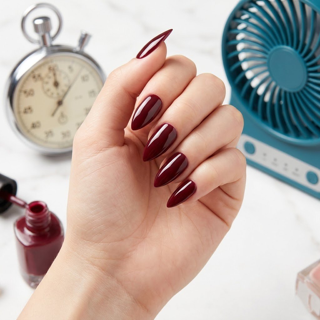 Close-up of glossy dark red almond nails with a vintage stopwatch and teal fan on marble surface representing nail polish dry time