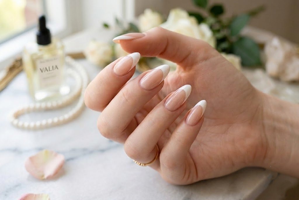 White french tip nails on long almond shaped nails with sheer nude base