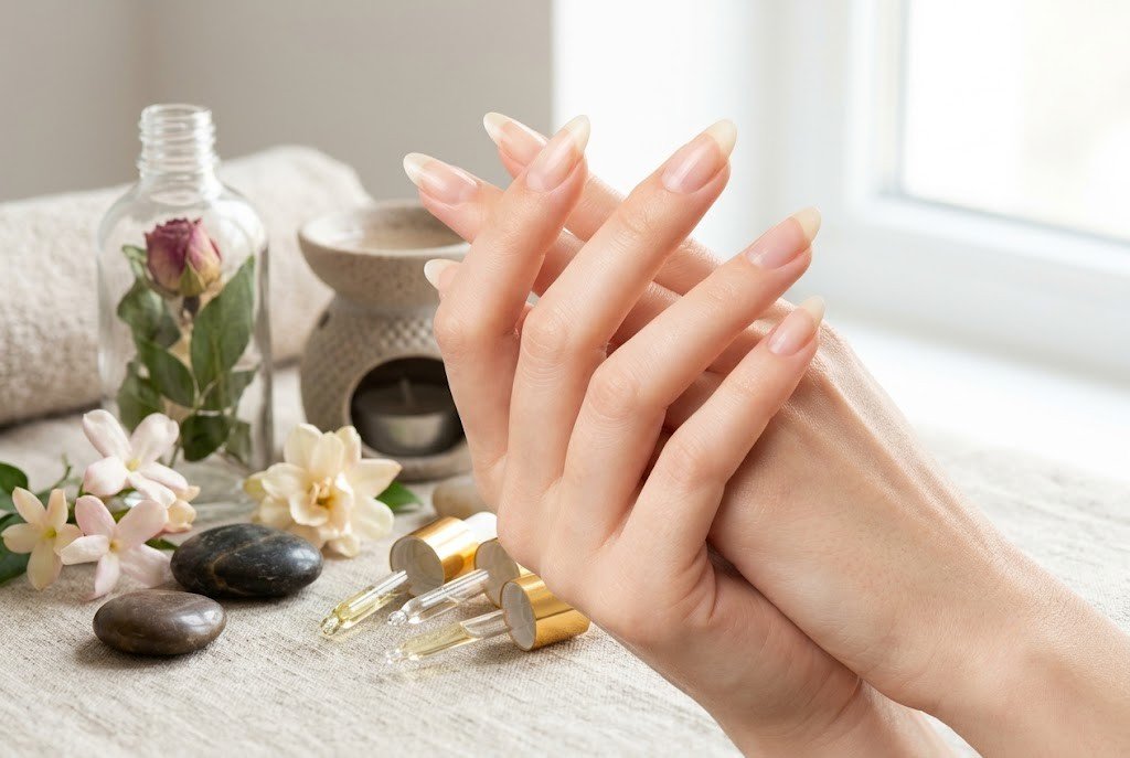 Oval nail shape with a rounded tip on long natural nails