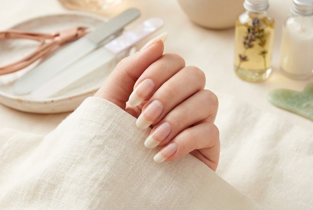 round nail shape with a French tip beside nail filing tools