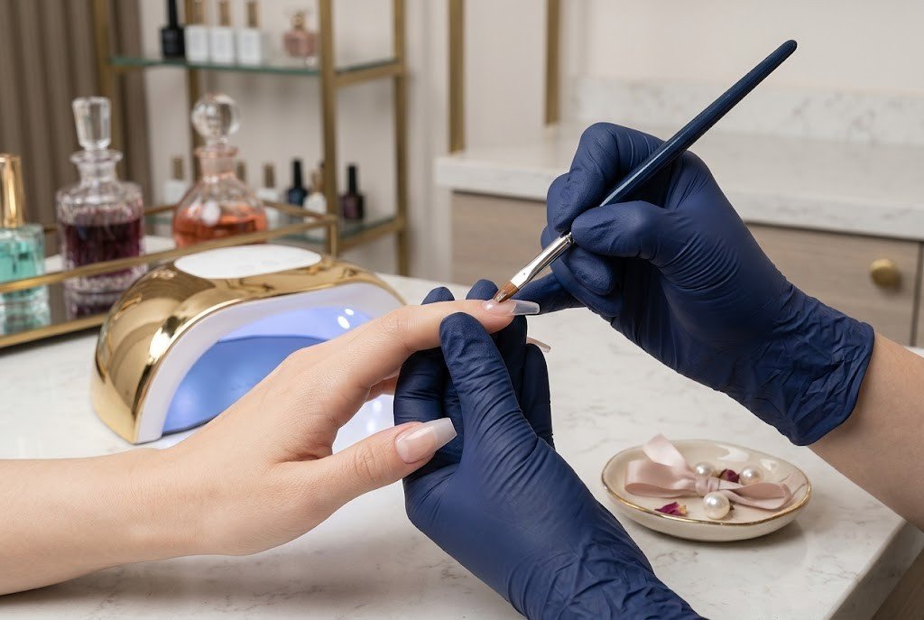 Nail technician applying soft gel to a Gel X nail tip during application
