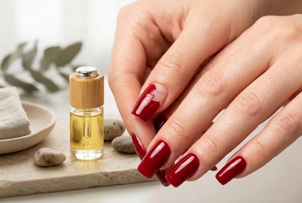 gel polish peeling at the cuticle showing lifted edge on deep red gel nails