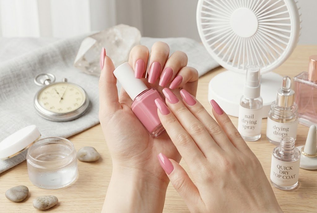 nail drying spray, drying drops, and quick dry top coat products laid out next to pink nails and a small fan