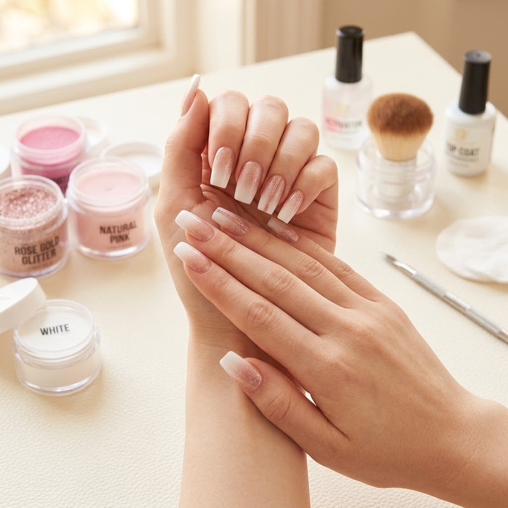 ombre dip powder nails in rose gold and white with nail kit products on table
