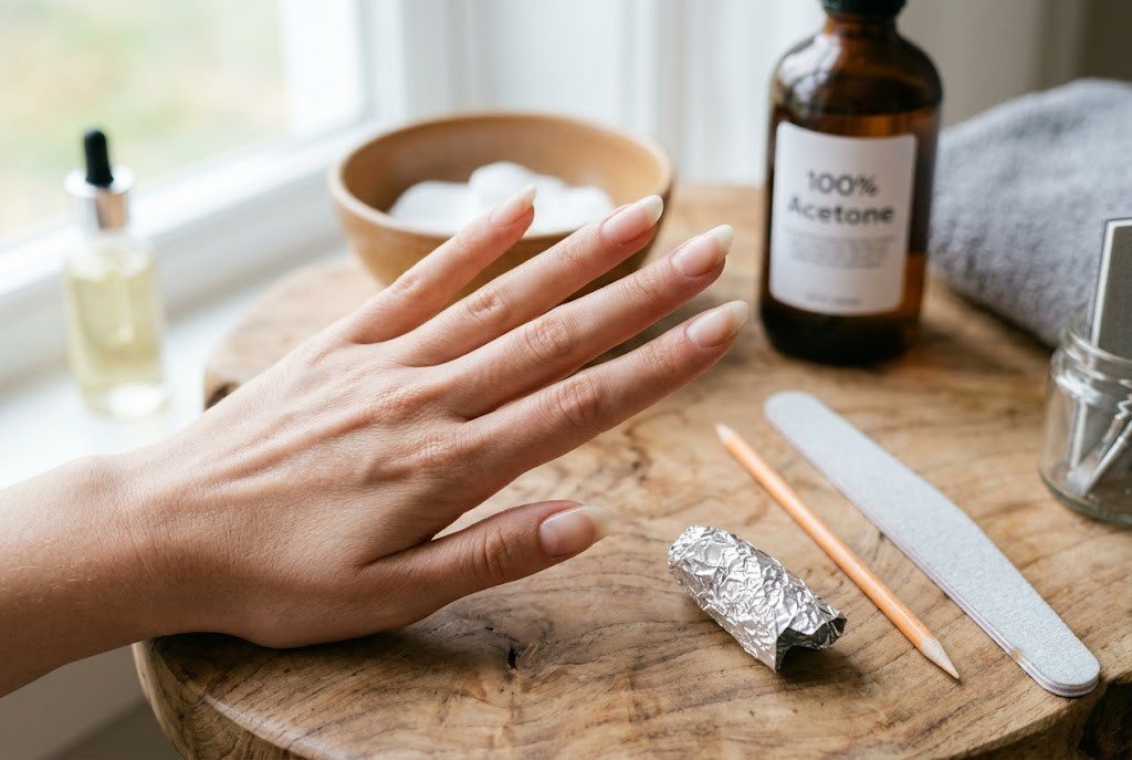 fingers wrapped in plastic wrap soaking in acetone to remove gel nails