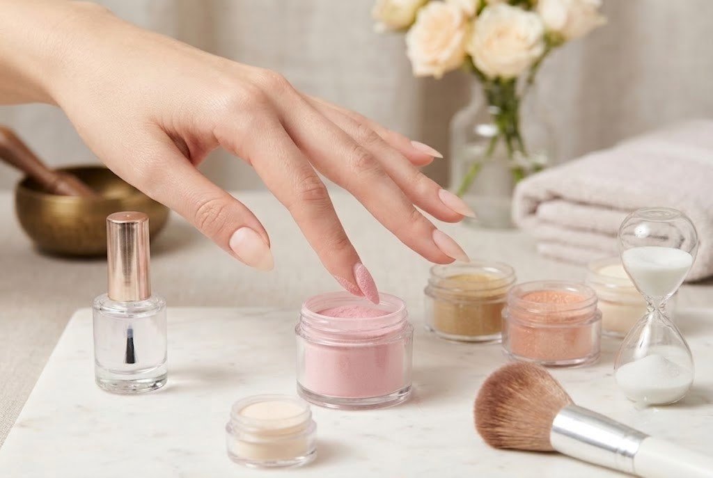 finger being dipped into pink nail powder jar showing how dip powder nails are applied