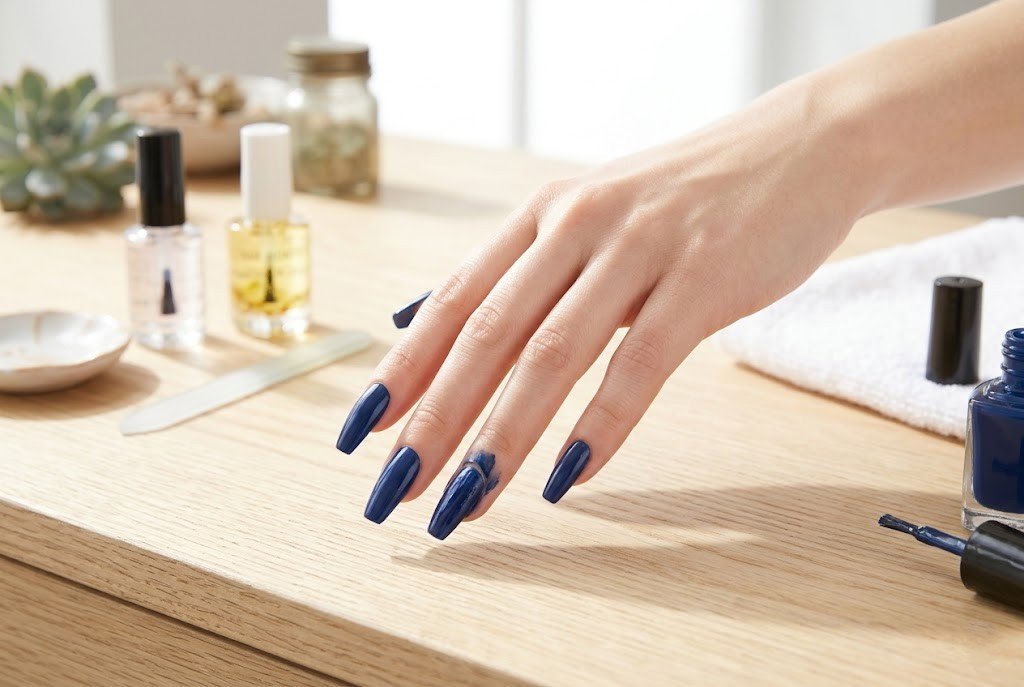 Hand with navy blue coffin nails showing a smudge on one nail with nail polish bottle nearby illustrating drying time mistakes