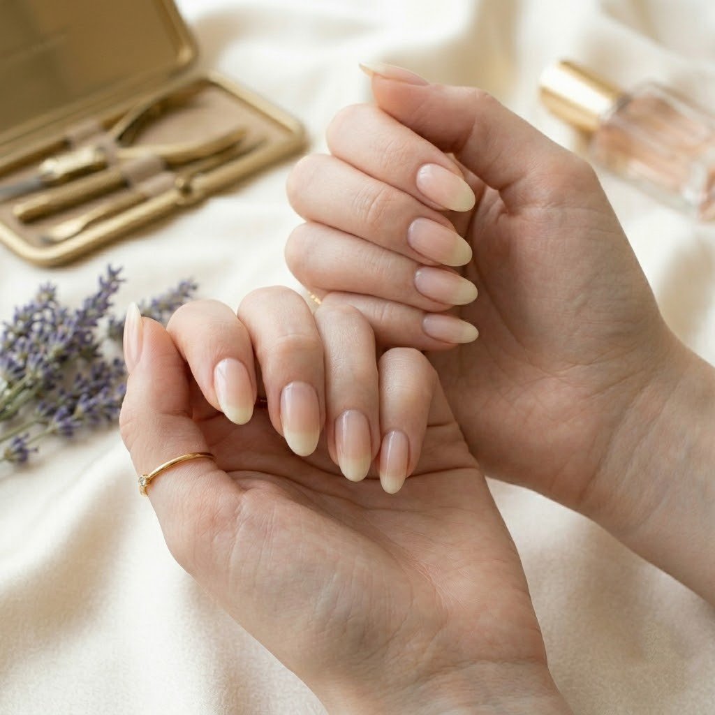 French tip ombre nails on almond-shaped nails with soft nude to cream fade