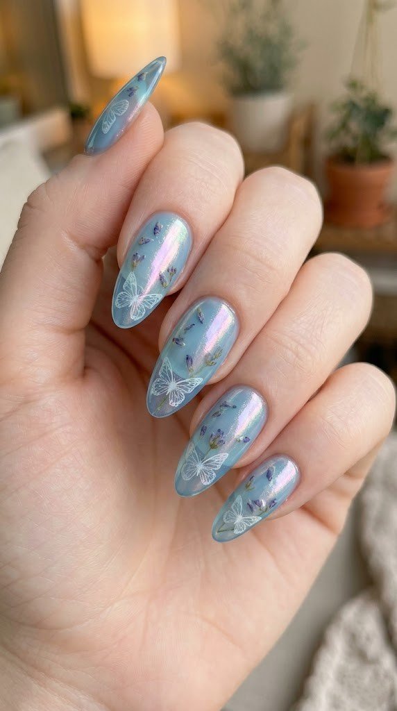 Dusty blue almond nails with iridescent pink chrome glaze and fine-line butterfly lavender illustration