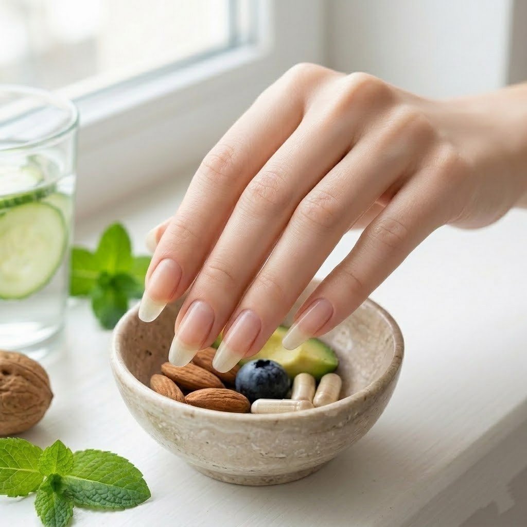 Healthy nails alongside almonds, supplements, and nutrient-rich foods that help address brittle nails caused by vitamin deficiency