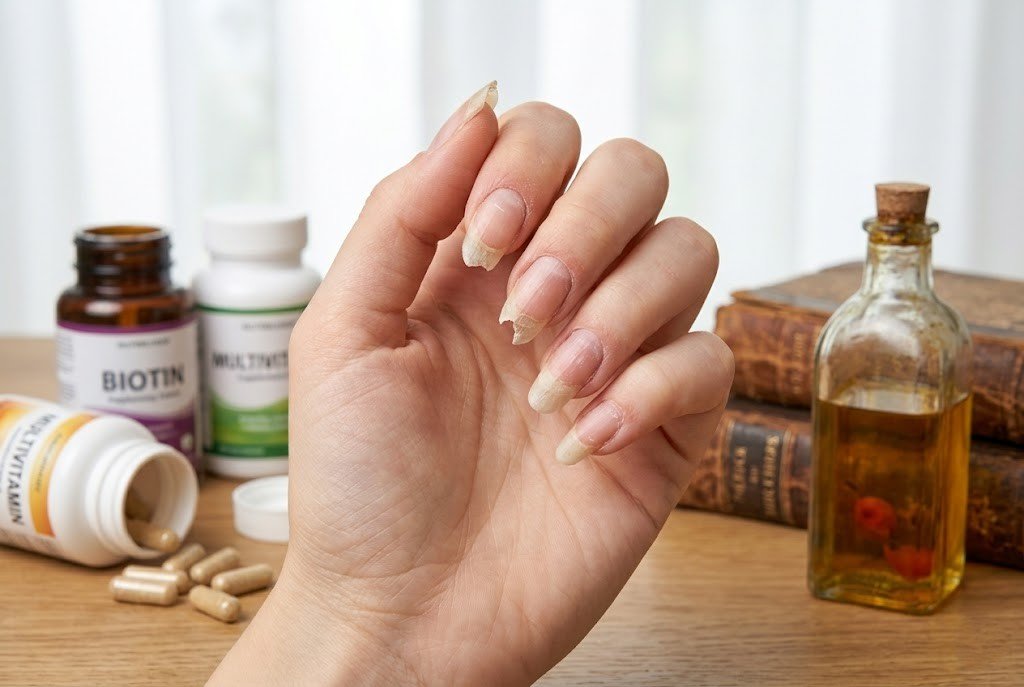 Close-up of brittle and splitting nails with biotin and multivitamin supplement bottles in the background, showing signs of vitamin deficiency in nails