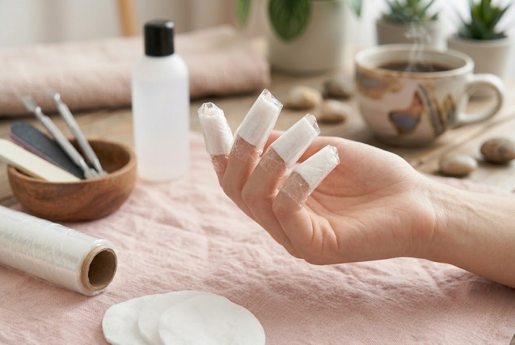 fingers wrapped in foil for gel nail polish removal" Suggested placement: Step 3 (Wrap and Wait)