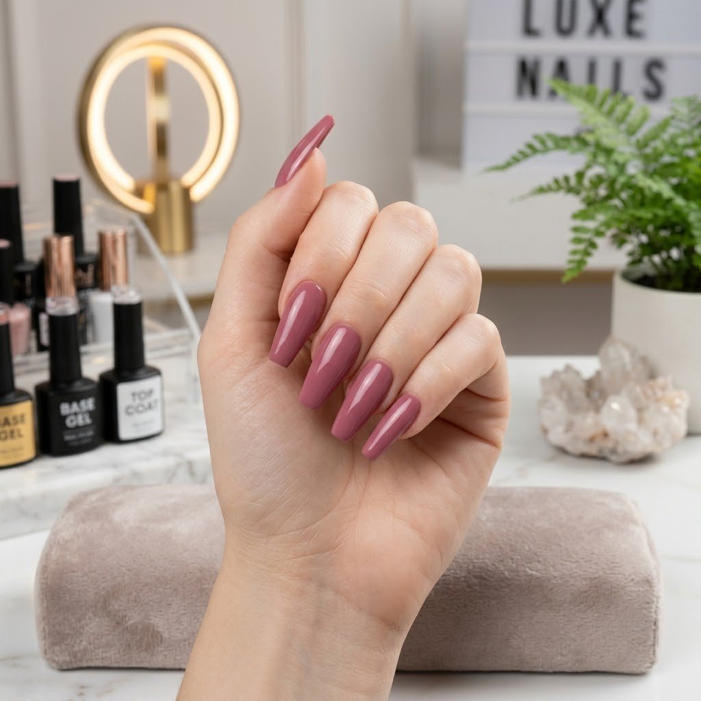 Finished Gel X nails in a mauve coffin shape with glossy gel polish finish
