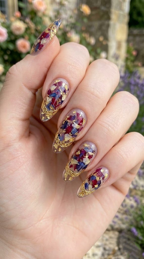 Jelly nails with pressed burgundy violet and cream petals and intricate gold filigree smile lines