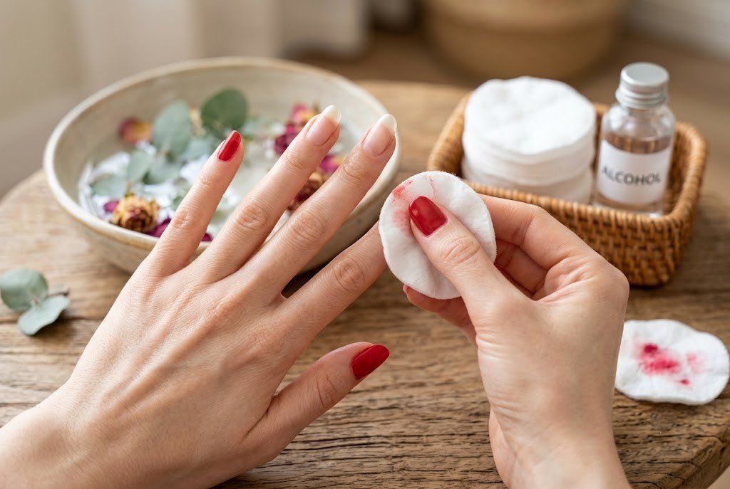 Hands using rubbing alcohol and cotton pad to remove red nail polish at home