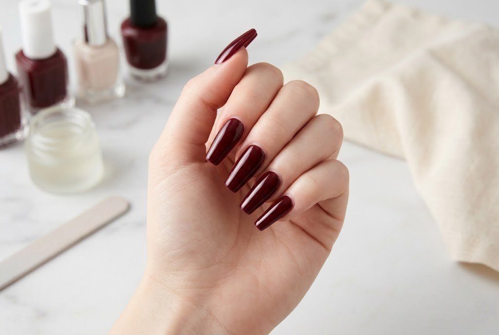 Deep maroon nail polish applied over a gel manicure with glossy finish