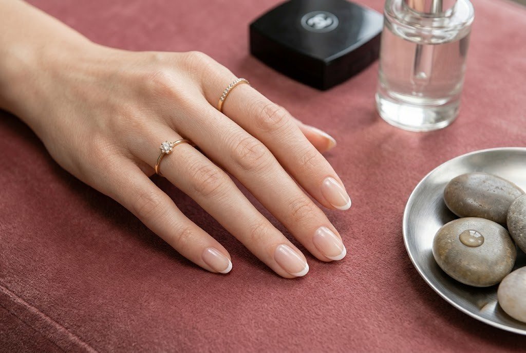 Classic white french tip nails on short oval shaped nails with clean smile line