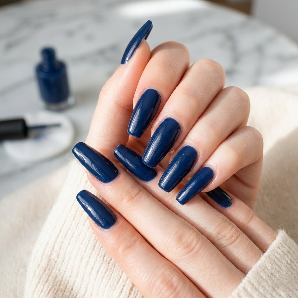Navy blue regular nail polish applied over a gel manicure