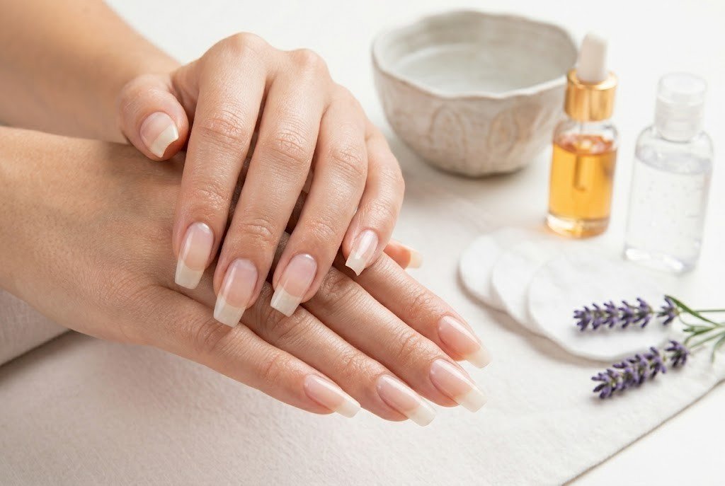 well-groomed natural nails with manicure tools and cuticle oil for home nail care