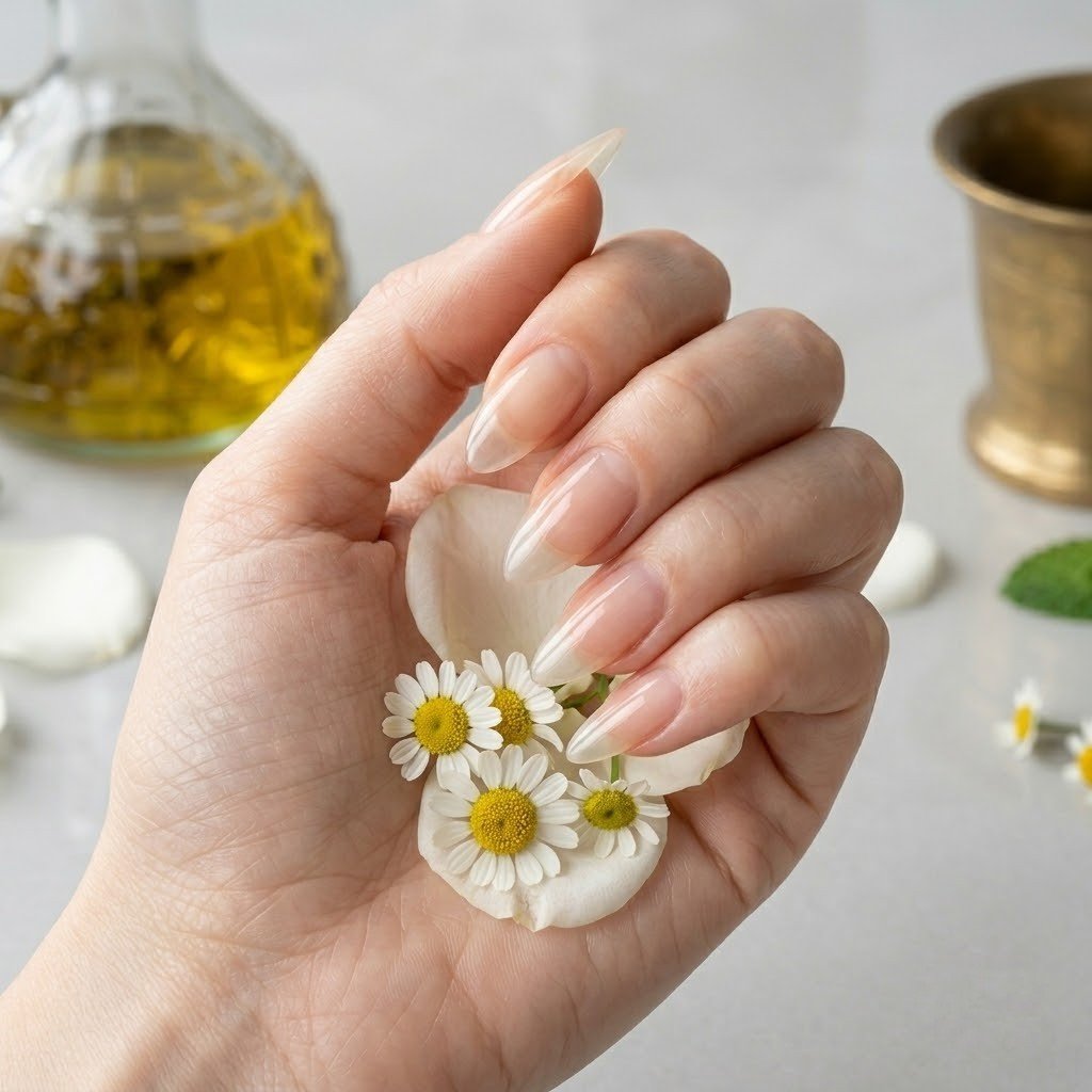 Healthy natural almond nails held over chamomile flowers with a bottle of oil in the background representing DIY nail strengthener options