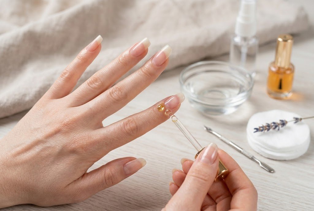 applying cuticle oil during an at home manicure with dropper and tools on table