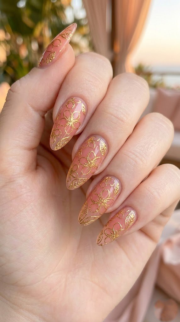 Sheer peach-pink jelly almond nails with metallic gold chrome fine-line botanical illustration