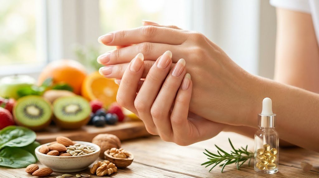 Healthy natural nails with fruits, nuts, seeds, and nail oil representing the role of vitamins and minerals in nail care and brittle nails treatment