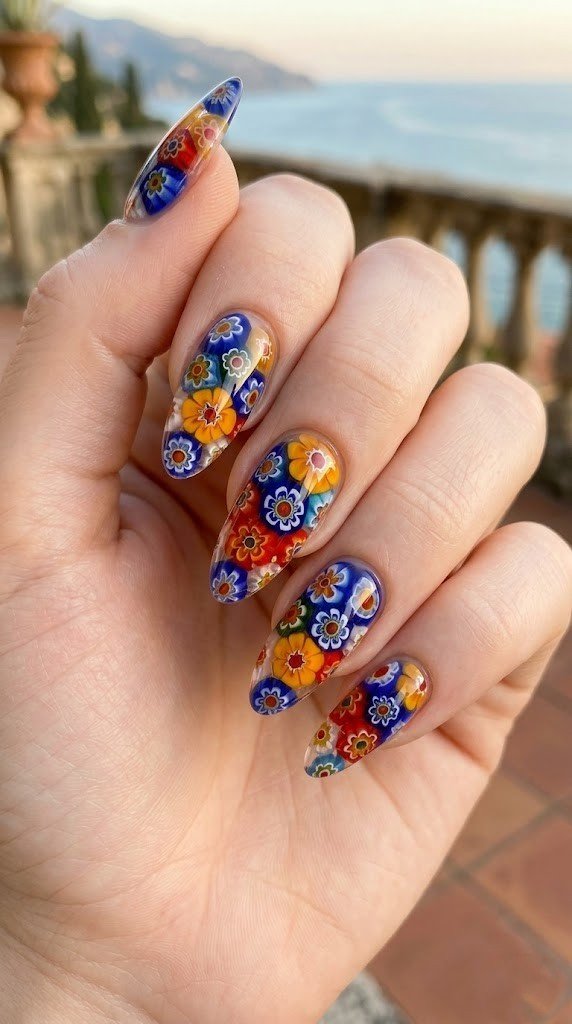 Clear almond nails with colorful millefiori glass mosaic florals in cobalt blue orange and yellow
