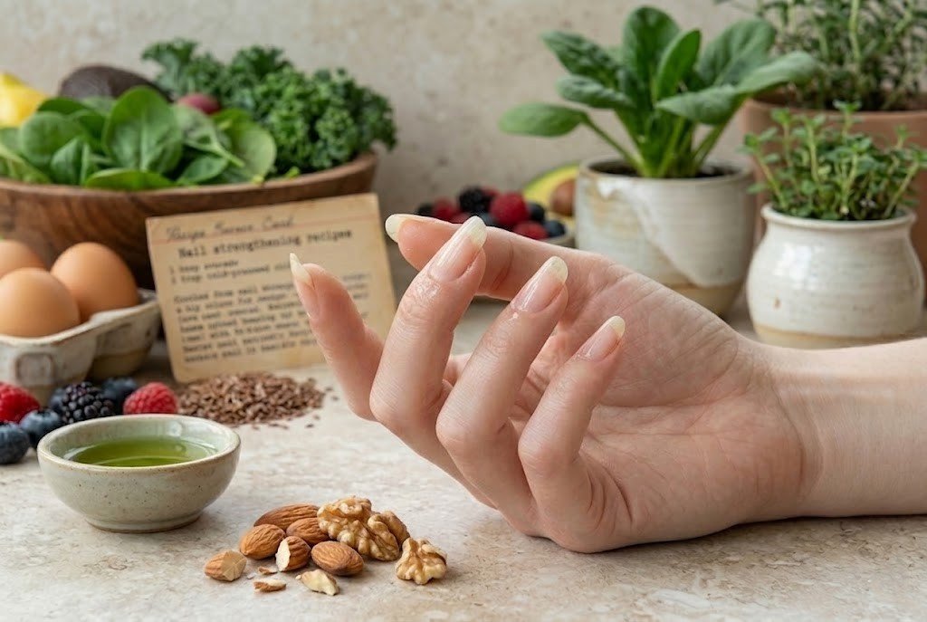 Hand with natural nails surrounded by iron, biotin, and zinc-rich foods including eggs, leafy greens, nuts, and berries for brittle nails treatment