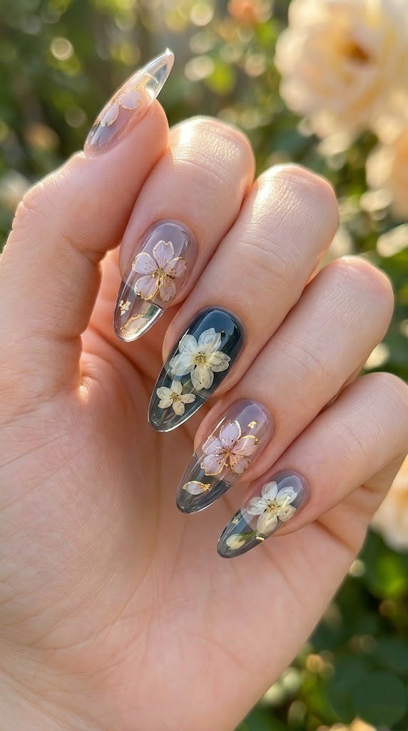 Almond jelly nails with real pressed pink flowers and gold foil petal accents in clear gel