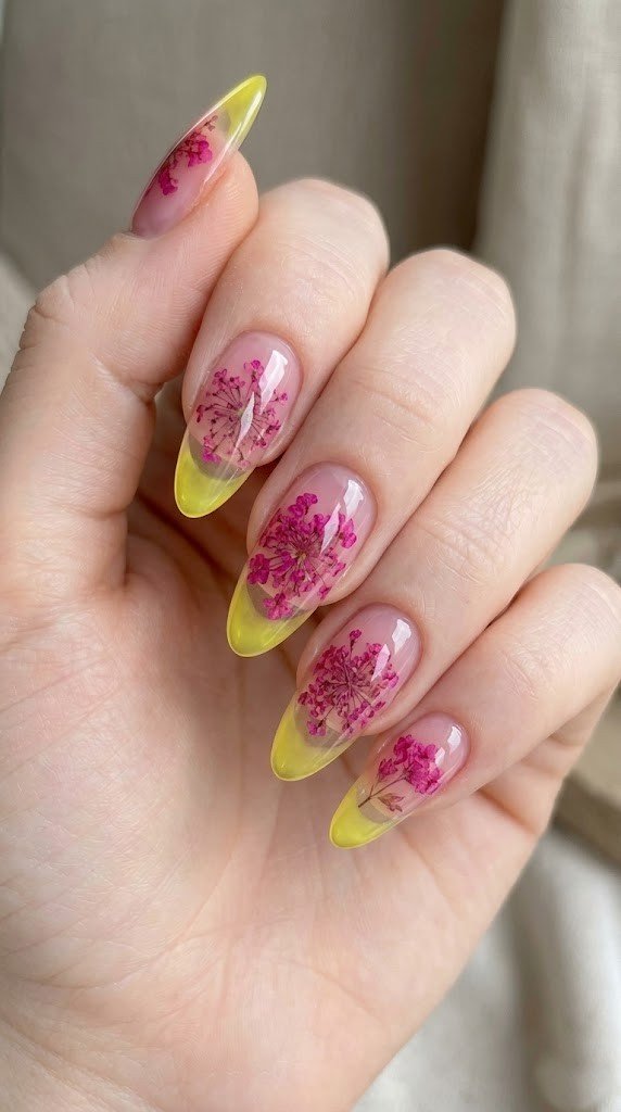 Clear jelly almond nails with real pressed pink lace flowers and transparent neon yellow French tips