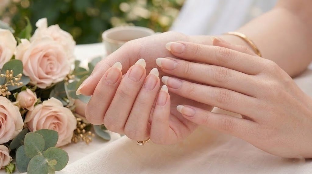 Strong healthy natural nails with almond shape after following a consistent nail care routine