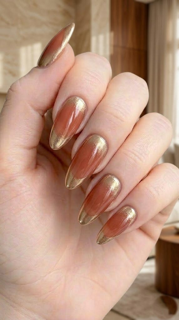 Terracotta dusty rose jelly almond nails with double French tip in metallic champagne gold chrome