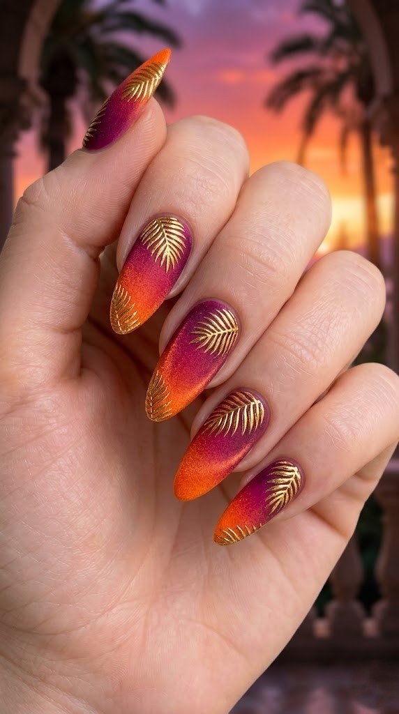 Matte berry to orange sunset ombre almond nails with metallic gold chrome palm frond leaf stamping