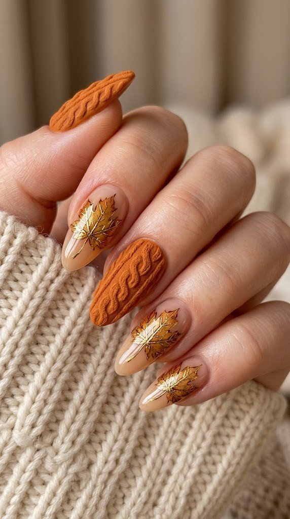 Pumpkin knit texture nails with gilded maple leaves, cozy fall nail colors